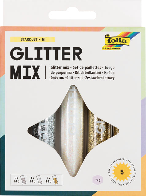 Folia Glitterpoeder Stardust 14g, set van 5 tubes in 3 kleuren