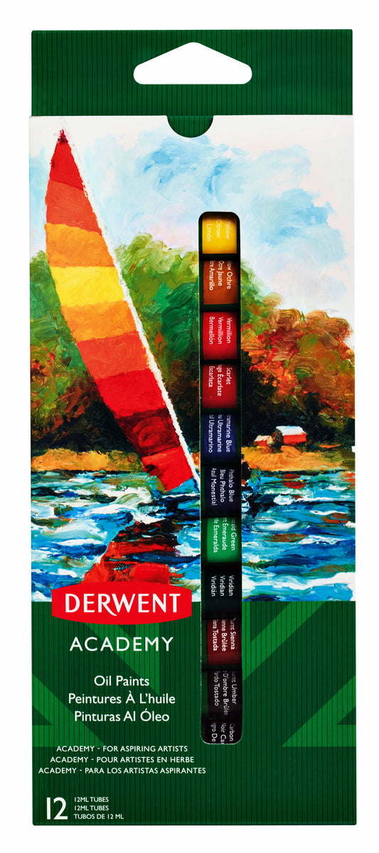 Derwent Academy Olieverf Assortiment 12 kleuren, 12ml tubes