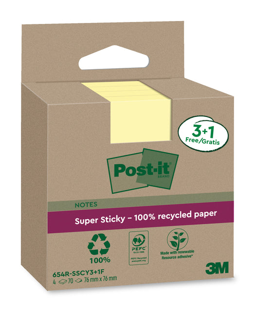 Post-it 3M Notitieblok 76x76mm Geel, 3+1 gratis