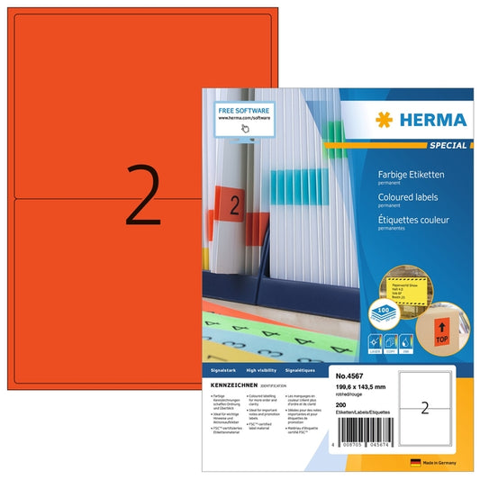 HERMA 4567 Rood 199.5x143.5mm Etiket, 200 Stuks