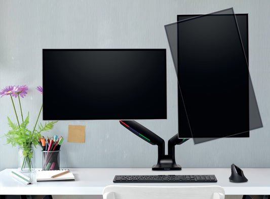 In hoogte verstelbare dubbele monitorarm met gasveer