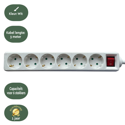 Stekkerdoos BRASQ 6-voudig met 3m kabel wit - 3