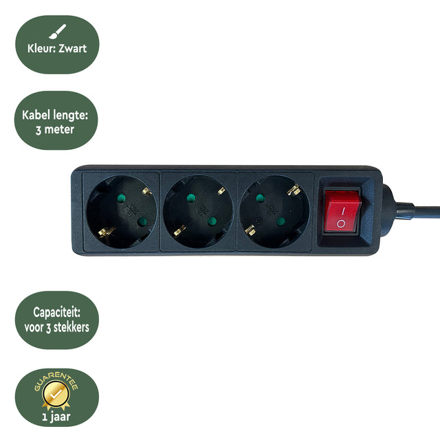 Stekkerdoos BRASQ 3-voudig met 3m kabel zwart - 3