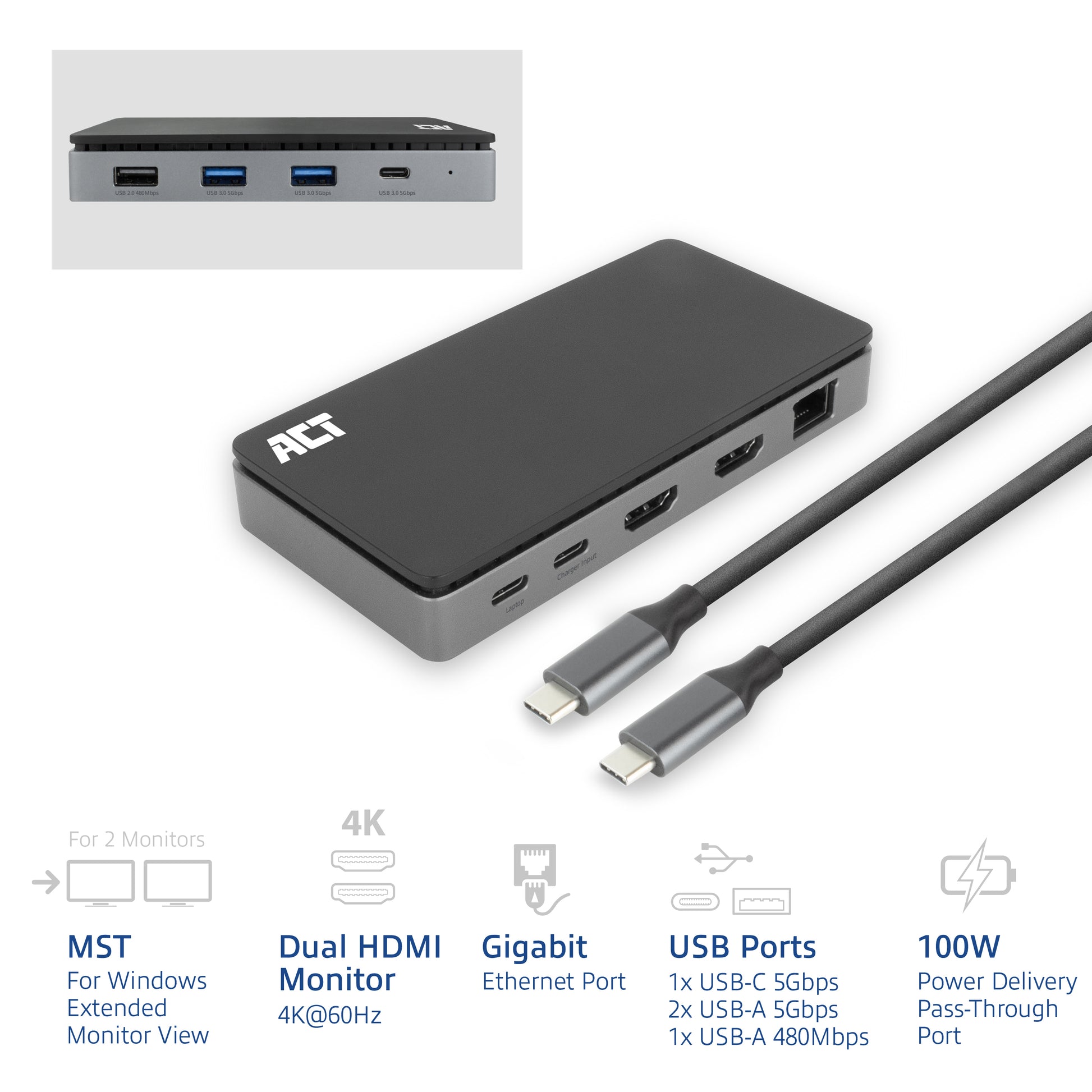 USB-C Docking Station met 2 HDMI, Gigabit Ethernet en USB-C PD - 2