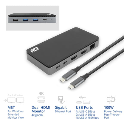 USB-C Docking Station met 2 HDMI, Gigabit Ethernet en USB-C PD - 2