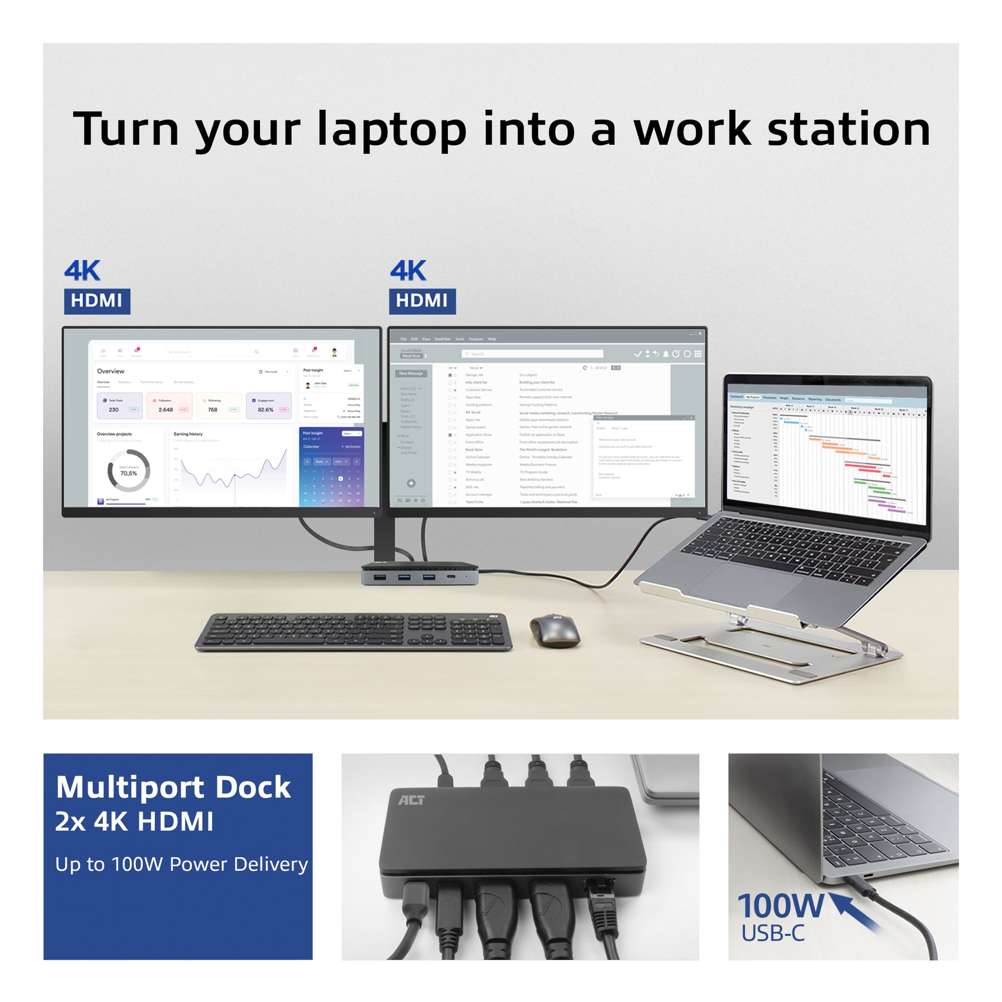 USB-C Docking Station met 2 HDMI, Gigabit Ethernet en USB-C PD - 9
