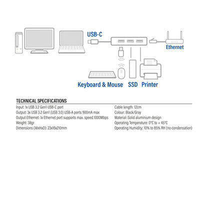 USB-C 3.2 Gen1 hub met 3 USB-A poorten en Gigabit Ethernet - 8