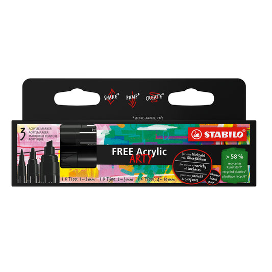 Acrylmarker STABILO Free Acrylic Mixed Tip Zwart Set van 3
