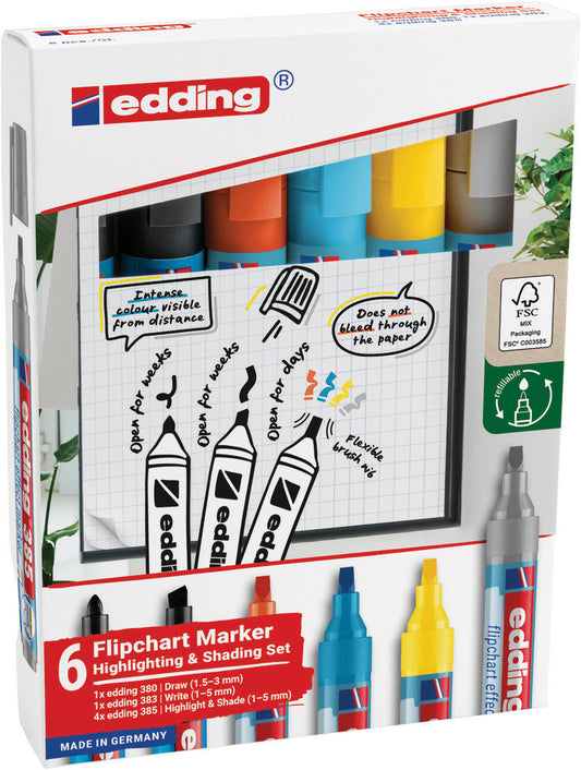 Edding 385 & 380 Set voor Flipcharts, 6 Stuks, Assorti Kleuren