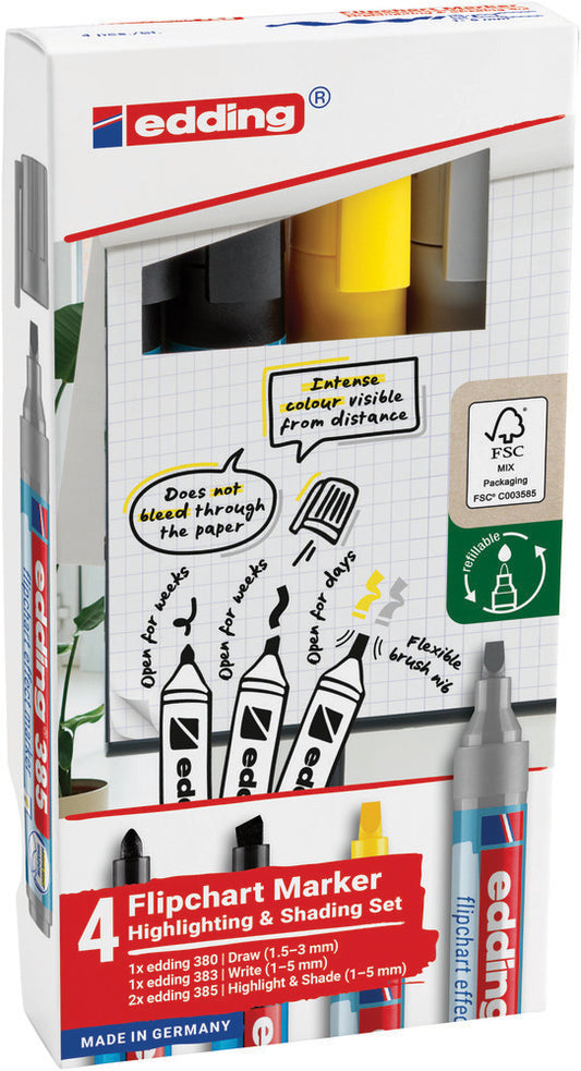 Edding 385 & 380 Flipchart Markerset 4 Stuks, Assorti Kleuren