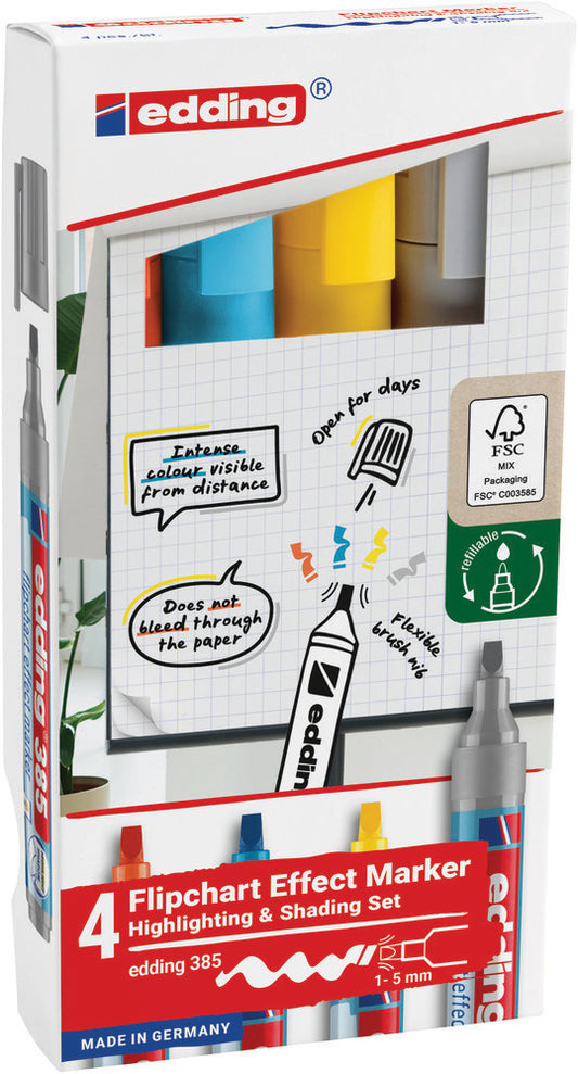 Edding 385 Flipover Marker Penseel Assorti 4 Stuks, Cap-off Technologie