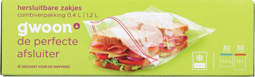 G'woon hersluitbare zakken 30x0,4l en 30x1,2l, set van 60