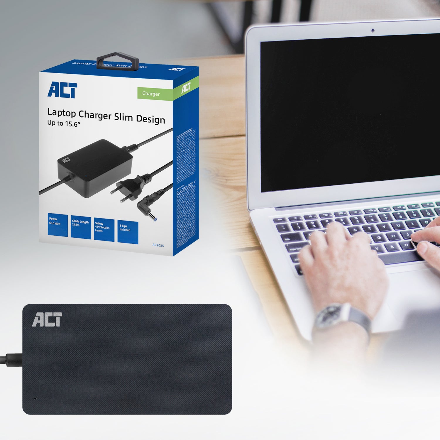 Compacte 65W Laptopoplader voor laptops tot 15,6 inch met 8 tips en lange kabel - 5