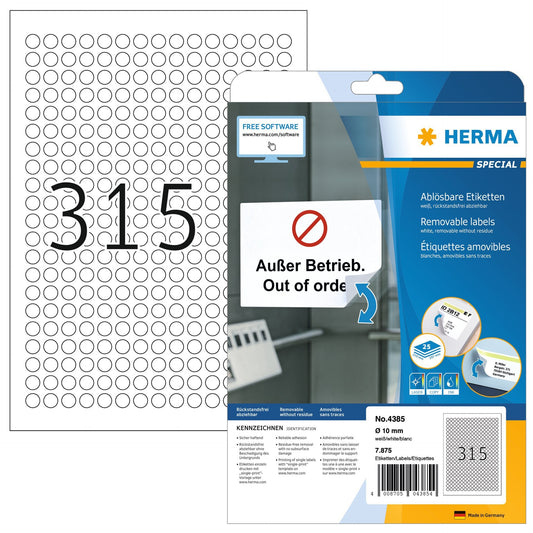 HERMA 4385 Ronde Etiket 10mm, wit, 7875 stuks