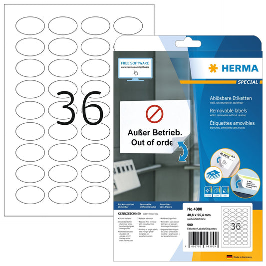 HERMA 4380 Ovaal Etiket 40,6x25,4mm, wit, 900 stuks