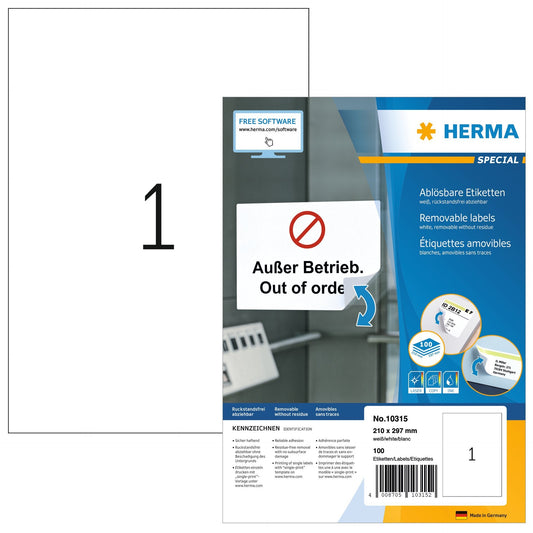 HERMA 10315 A4 Etiket 210x297mm, wit, 100 etiketten