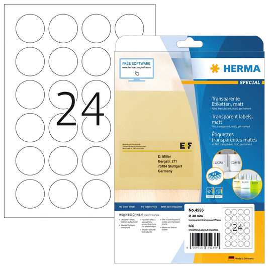 HERMA 4236 Transparant Veiligheidsetiket 40mm, 600 stuks