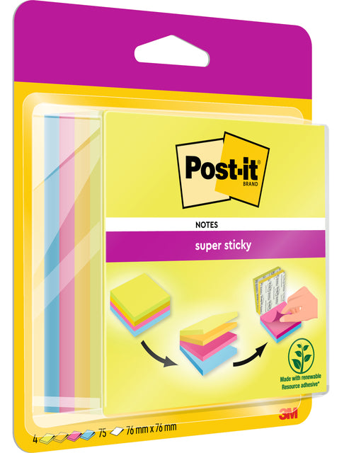 Post-it Super Sticky Notities 76x76mm Rio, 4 kleuren, 75 vel