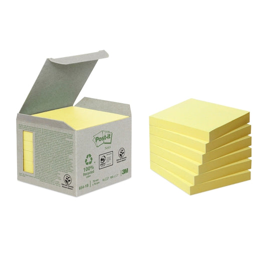Post-it Recycled Notities 76x76mm Geel, 6 Stuks