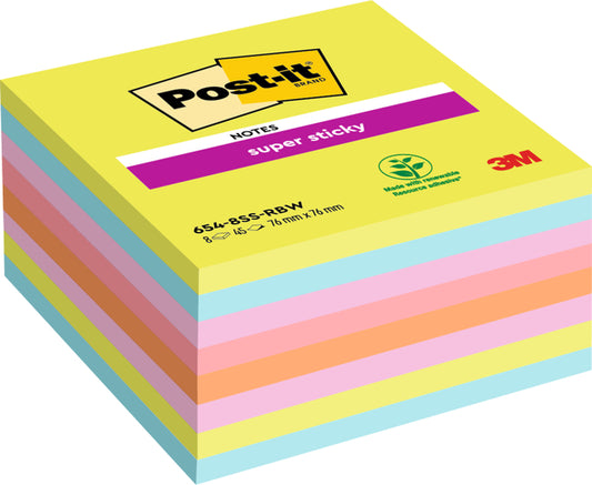 Post-it Super Sticky 654 Rainbow, 76x76mm, 360 vel