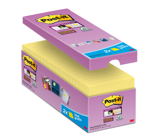 Memoblok Post-it 654 Super Sticky 76x76mm, assorti