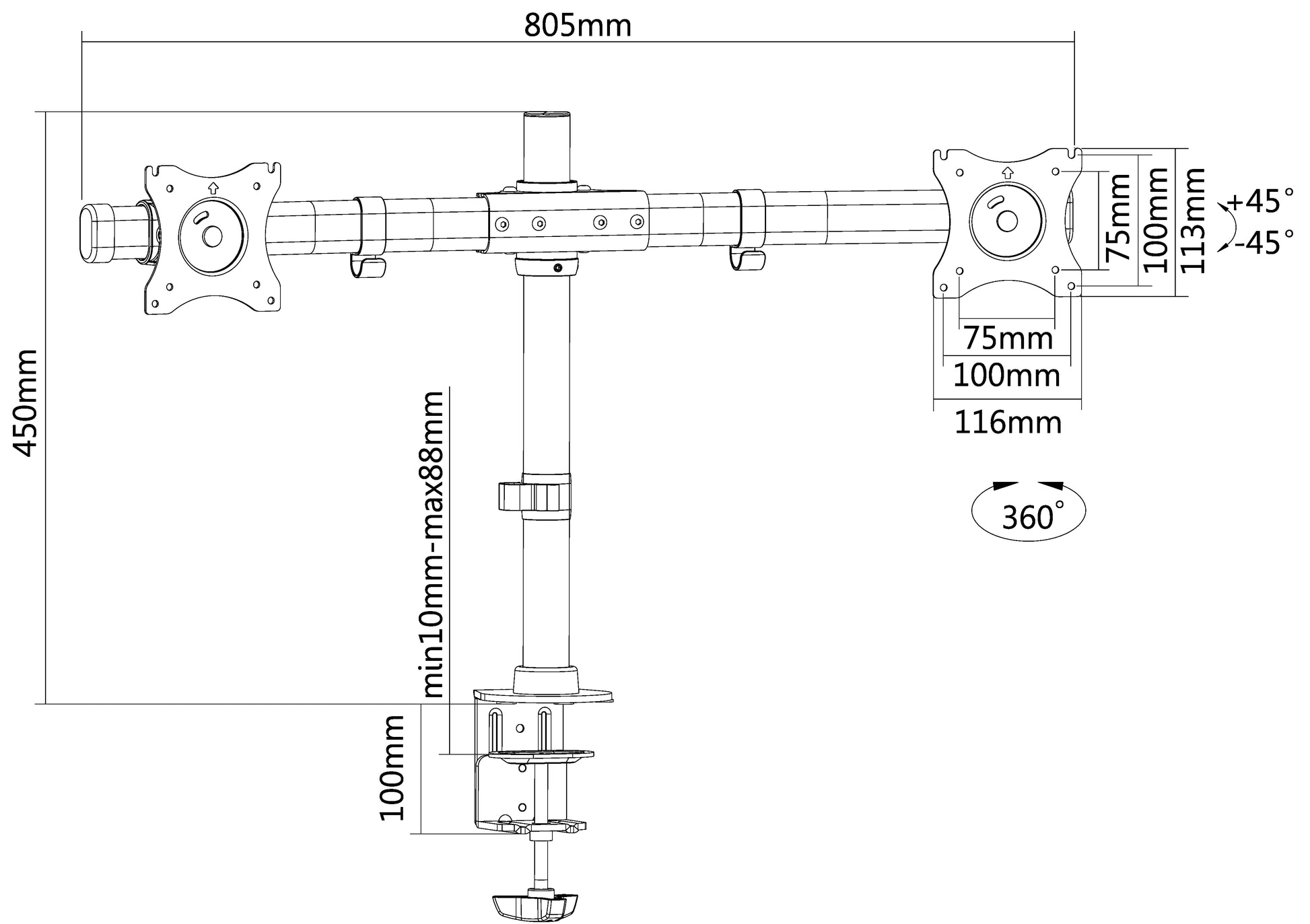 Neomounts DCB100 Dubbele Monitorarm 10-27 inch Zwart - 2