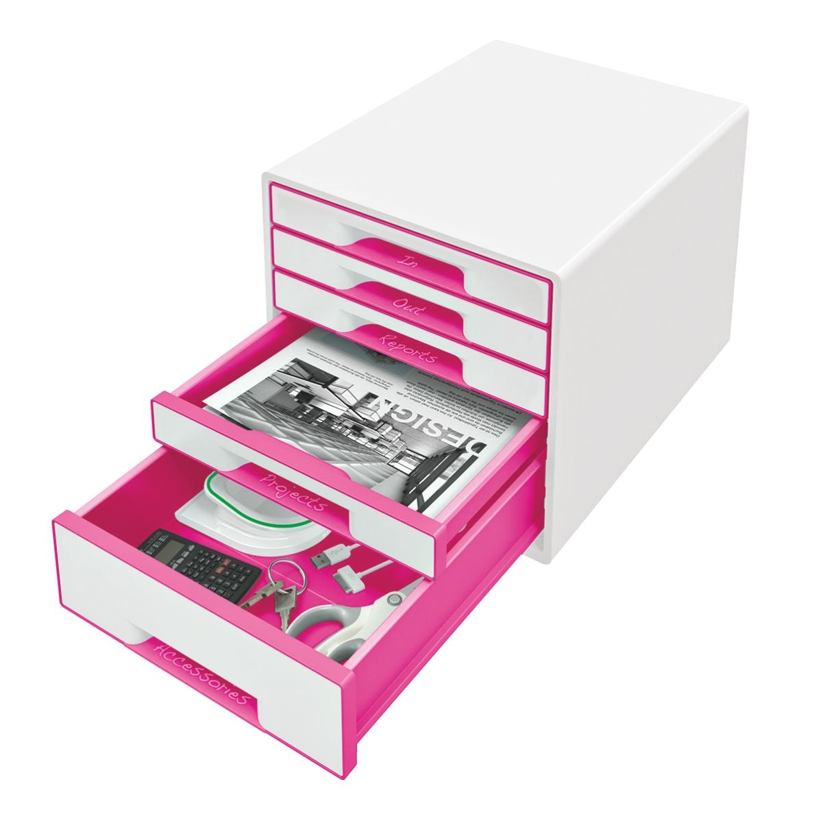 Ladenbox Leitz WOW 5-laden wit/roze met opbergtray - 2