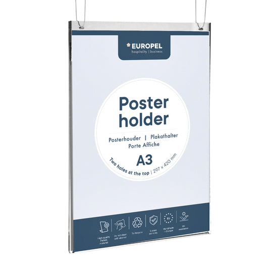Acryl A3 posterhouder staand met ophangogen Europel