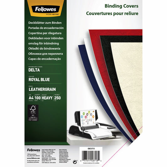 Voorblad Fellowes A4 lederlook royal blauw met venster 250gr