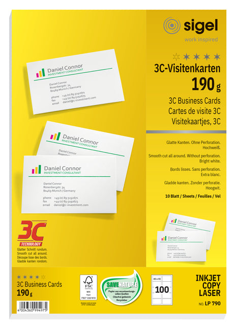 Visitekaart Sigel 85x55mm blanco 190g, 10 per vel, ronde hoeken