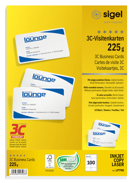 Visitekaart Sigel 85x55mm blanco 190g, ronde hoeken, 10 per vel