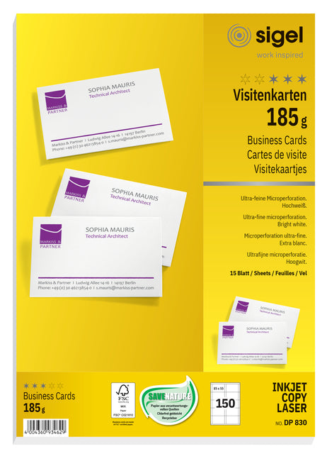 Sigel visitekaartjes 85x55mm blanco, 185 g/m², wit