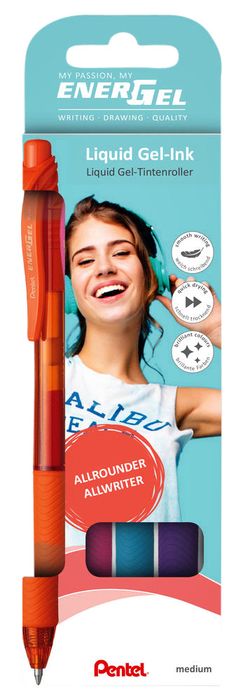 Gelschrijver Pentel Energel-X M oranje, roze, blauw, violet