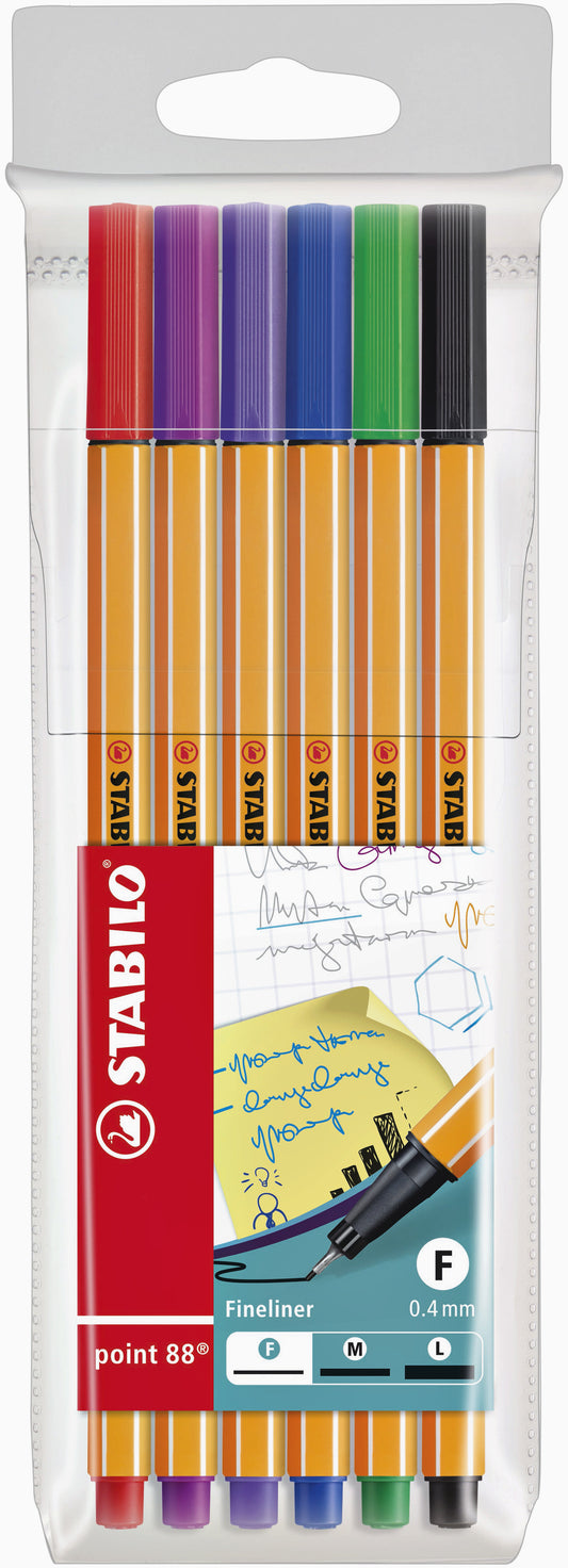 Fineliner Stabilo Point 88/6 F ass 6 kleuren - Waterbasis, 0,4mm