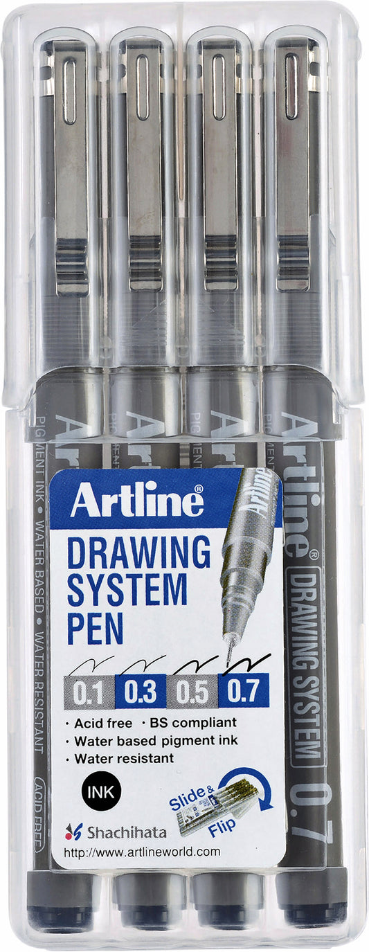 Fineliner Artline Technisch 0,1/0,3/0,5/0,7 mm Zwart, Set van 4