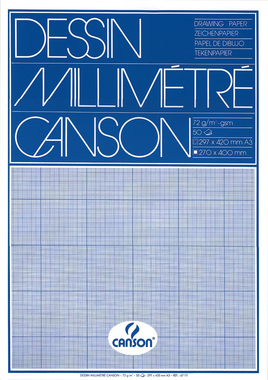 Millimeterblok Canson A3, 90 g/m², blauw bedrukking, gelijmd