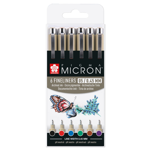 Fineliner Sakura Pigma Micron 05 Set van 6 Basis Kleuren