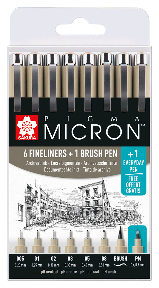 Fineliner Sakura Pigma Micron 7+1 PN, Zwart, Assorti