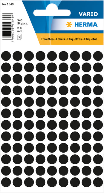 Herma 1849 Rond Etiket 8mm Zwart voor Handbeschrijving, 540 stuks