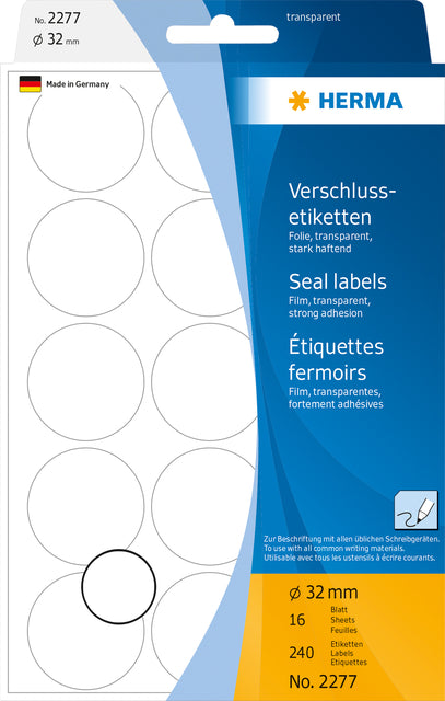HERMA 2277 Transparante rond zelfklevende etiketten 32mm, 240 stuks