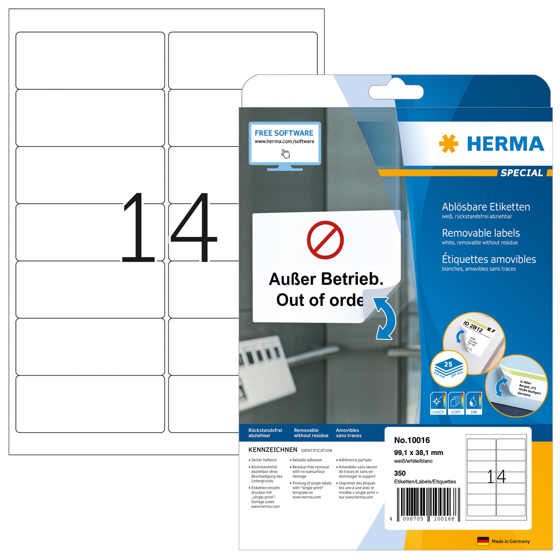 Herma 10016 Verwijderbare zelfklevende etiketten 99.1x38.1mm, 350 stuks