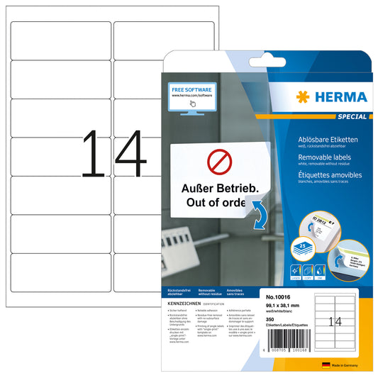Herma 10016 Verwijderbare zelfklevende etiketten 99.1x38.1mm, 350 stuks