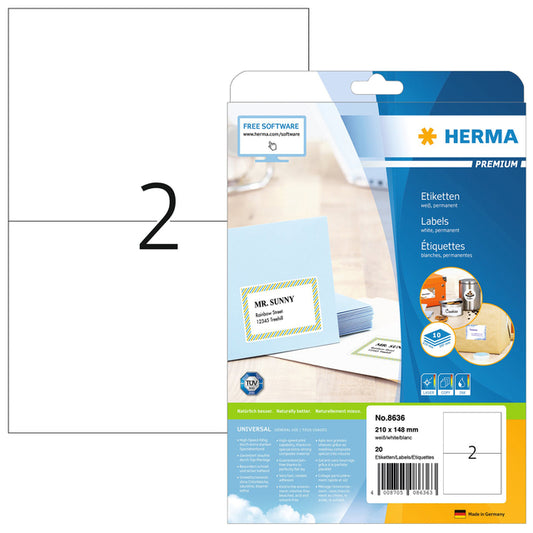 HERMA 8636 210x148mm Premium Wit Etiket 20 Stuks