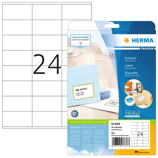 Herma 8638 Wit Premium Zelfklevende Etiketten 70x36mm, 240 Stuks