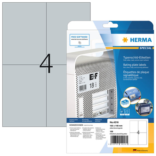 HERMA 4216 Etiketten 105x148mm Folie, 100 stuks, Zilver