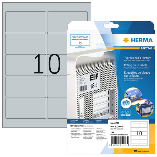 Herma 4223 Zelfklevende Zilveren Labelfolie 96x50.8mm, 250 Stuks