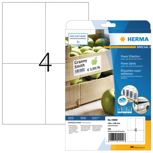 Etiket HERMA Power 10909 105x148mm wit, 100 stuks