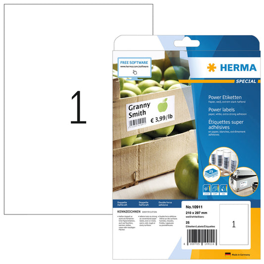 HERMA Power Etiket 10911 210x297mm Wit, Extra sterk, 25 stuks