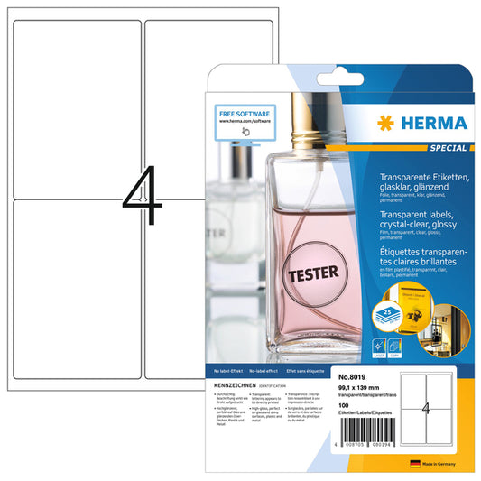 HERMA 8019 Transparant Zelfklevend Etiket 99.1x139mm, 100 Stuks