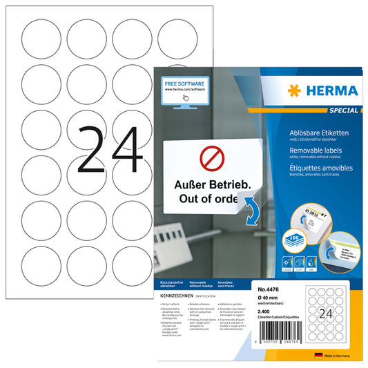 Etiket HERMA 4476 40mm 2400st, verwijderbaar met Movables®-Technology